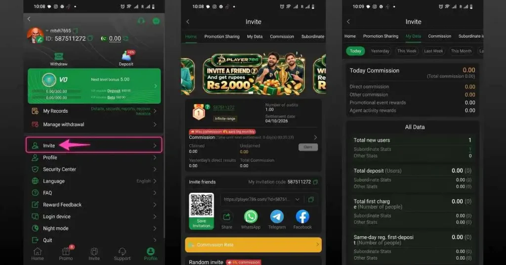 A three-part horizontal screenshot showing the Player 786 app interface. The left panel features a pink arrow pointing to the Invite button on the user profile screen. The center panel displays the referral page offering a Rs 2,000 bonus and social sharing links. The right panel shows the My Data screen for tracking daily commissions and new users.